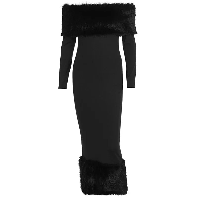 Faux Fur Patchwork Strapless Dress Women Sexy Off-shoulder Full Sleeve Cinched-waist Slim Long Gown Lady Christmas Party Dresses