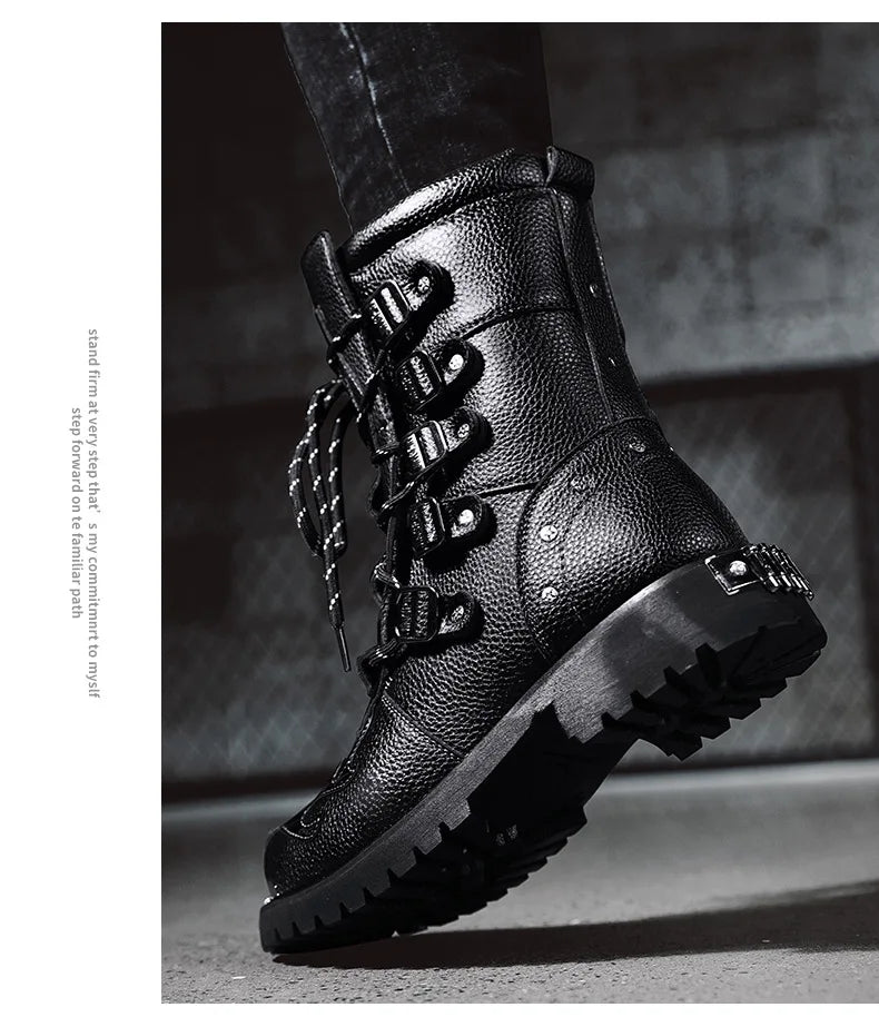 Men Motorcycle Boots Fashion Mid-Calf Punk Rock Punk PU Leather Black High Top Mens Casual Boot Steel Toe Shoes Big Size 38-46