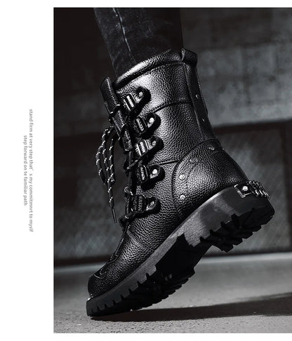Men Motorcycle Boots Fashion Mid-Calf Punk Rock Punk PU Leather Black High Top Mens Casual Boot Steel Toe Shoes Big Size 38-46