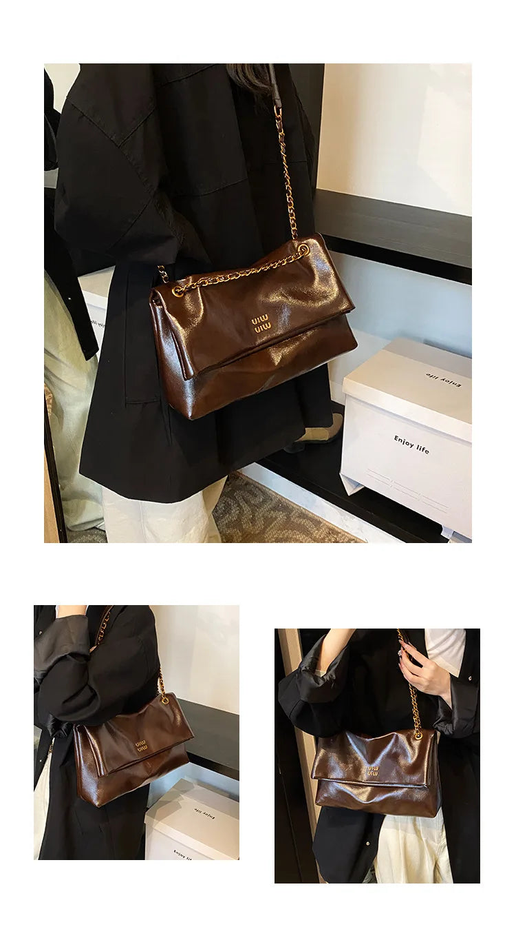 2025 Women‘s Bag Retro PU Leather Underarm Bag autumn and winter Large capacity Commuting Folded Chain Shoulder Bucket Tote Bag