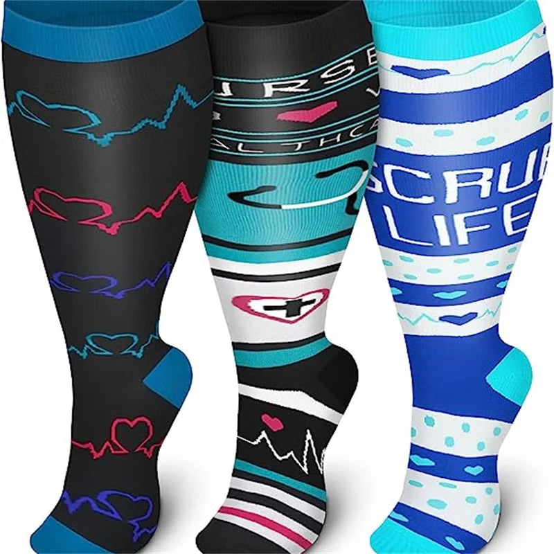 2XL-7XL Plus Size 20-30 mmHg Compression Socks for Women Men Wide Calf Extra Large Knee High Flight Sock for Circulation Support