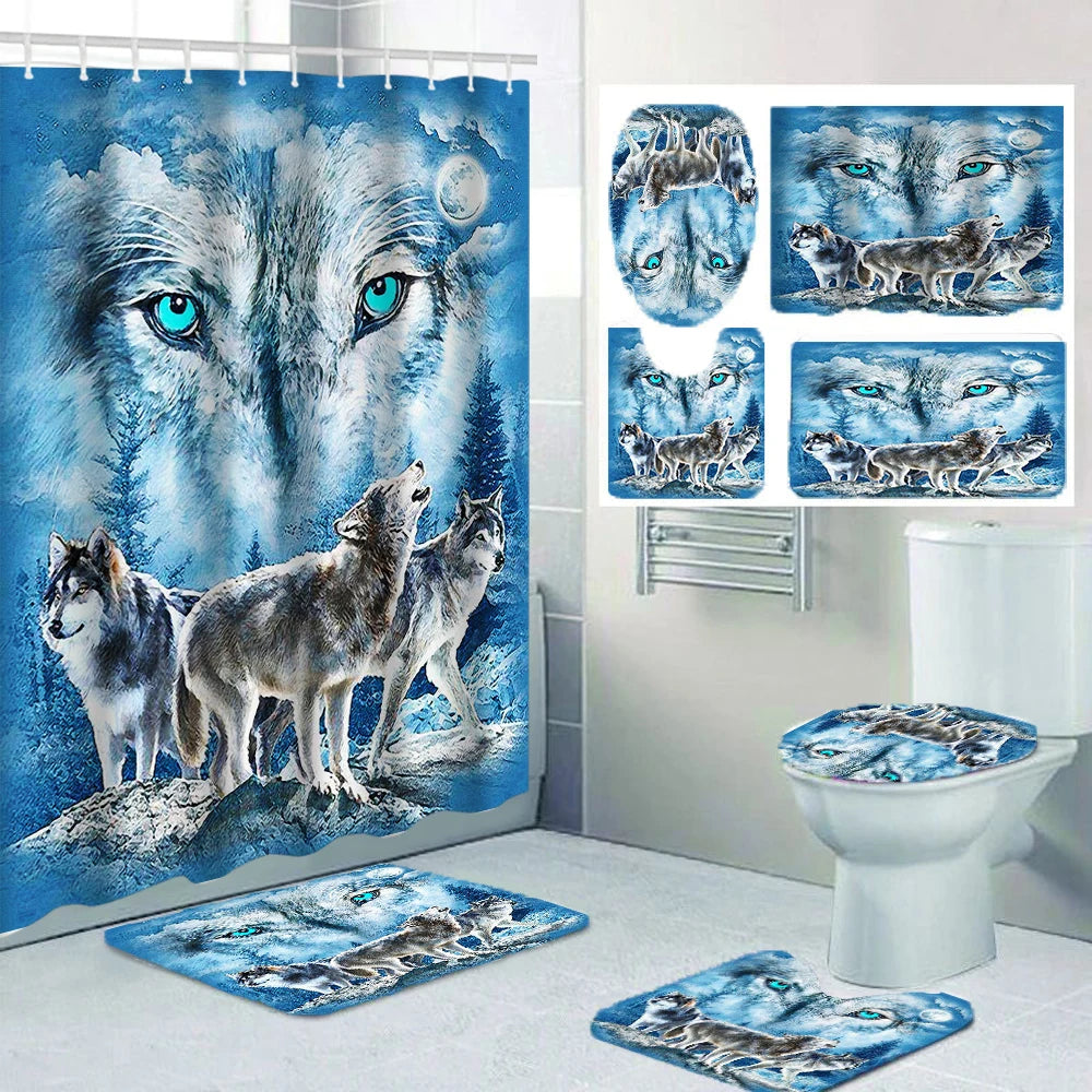 1/4 Wolf eyed wolf shower Curtains, Toilet Seat Decoration, Shower Curtain with Carpet and Toilet Lid, 12 70.8x70.8 inch Hooks