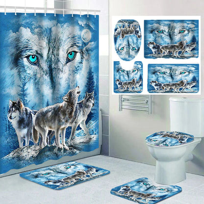 1/4 Wolf eyed wolf shower Curtains, Toilet Seat Decoration, Shower Curtain with Carpet and Toilet Lid, 12 70.8x70.8 inch Hooks