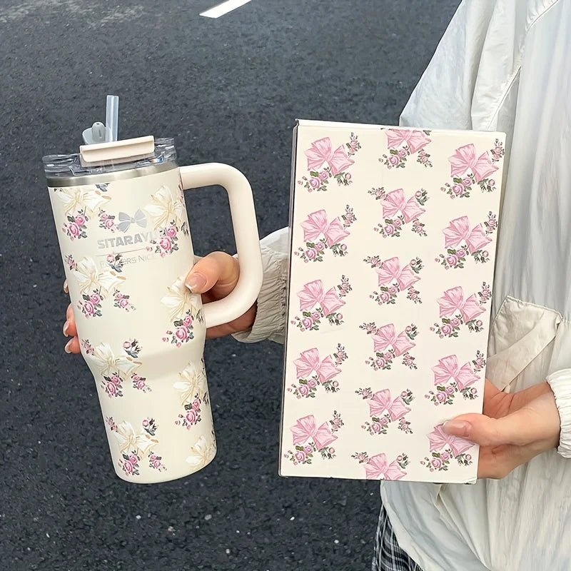 1pc 900ml Floral Print Stainless Steel Vacuum Insulated Tumbler with Straw,  Ice Cold Retention Cup,Birthday Gift for Women