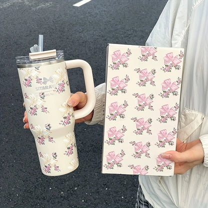 1pc 900ml Floral Print Stainless Steel Vacuum Insulated Tumbler with Straw,  Ice Cold Retention Cup,Birthday Gift for Women