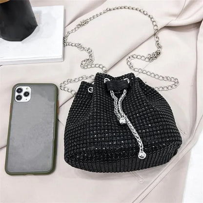 Sparkling Rhinestone Embellished Drawstring Crossbody Bag for Women Multi-Functional Bucket Purse with Detachable Chain Strap