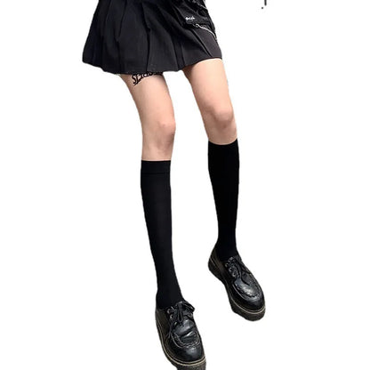 JK Women Black White Knee High Lolita Socks Lady Girls Over Knee Cute Long Sock Thin Breathable Solid Color Stockings For Women