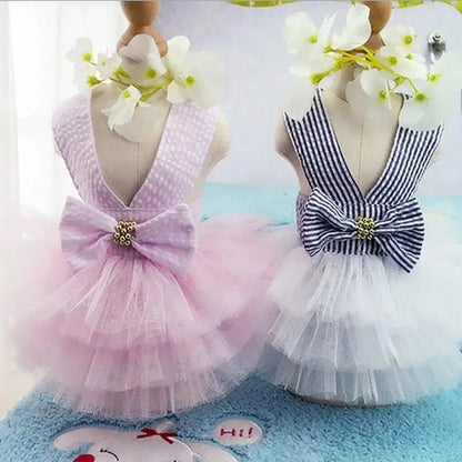 Spring Pet Summer Bowknot Pet Costume Dress Pet Dog Striped Cat Dog Puppy Wedding Princess Skirt Dog Clothes Home Pet Supplies