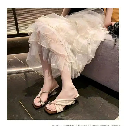 Luxury Rhinestone Square Toe Sandals  Toe Loop Women Elegant Pleated Slides Metal Decor Beach Wedding Party Dress Mules Shoes