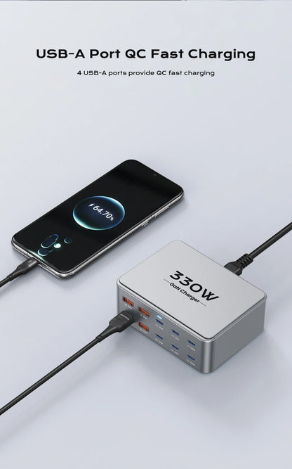 330W USB C GaN Charger 100W PD3.0 PPS QC3.0 Multiport Fast Charging Station For Laptop iPhone 15 16 Samsung Macbook Pro Tablet