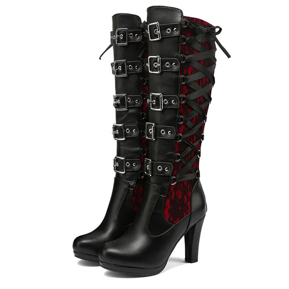 Platform Boots For Women Lace Up Chunky High Heel Mid Calf Boots Narrow Band Bow Knot Goth Gothic Shoes Winter 2024