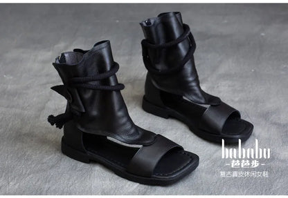Birkuir High Top Open Toe Sandals For Women Summer Boots Luxury Hollow Out Beach Sandals Genuine Leather Flats Shoes Ladies