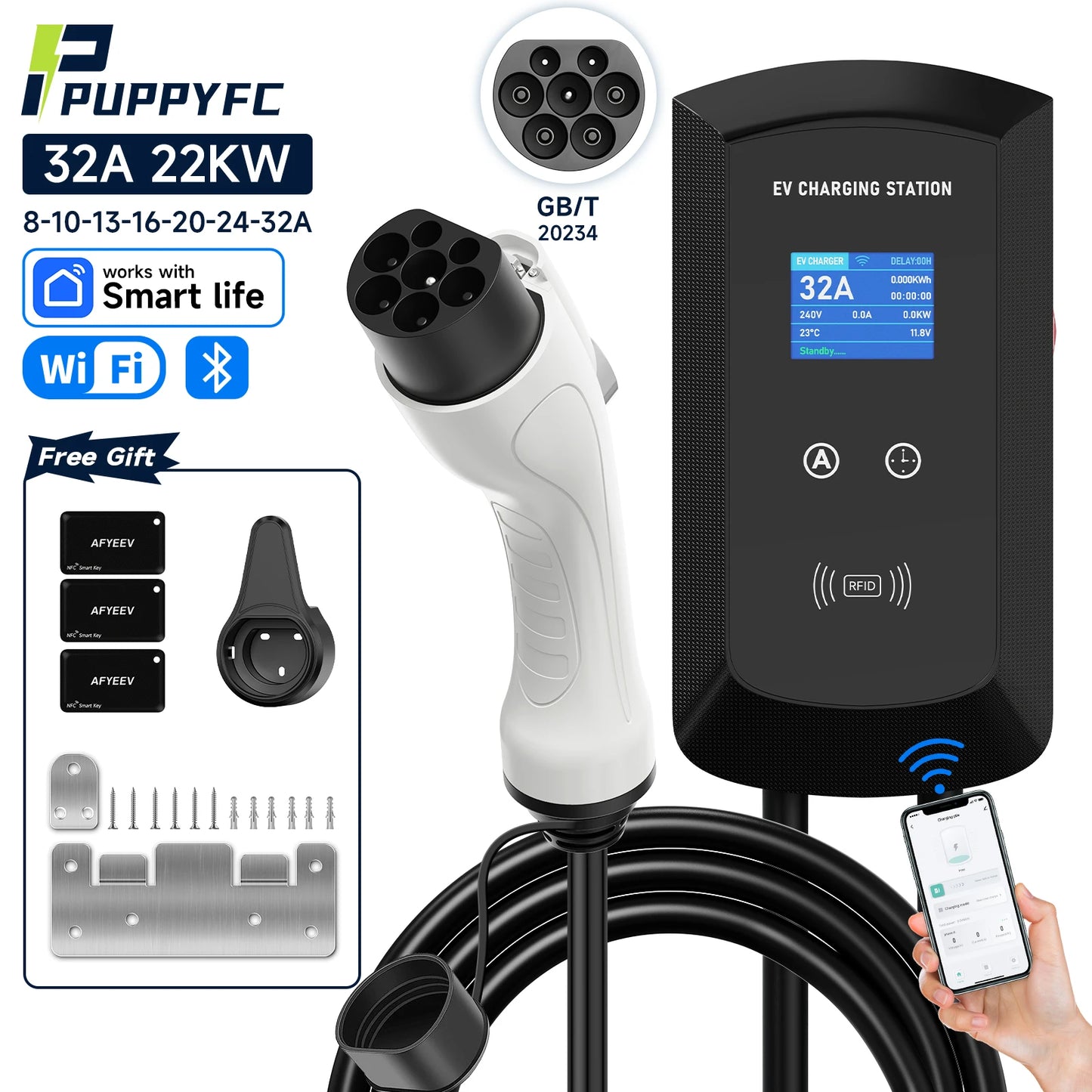 Puppyfc 7.6KW/11KW/22KW 3Phase EV Charging Station GBT 20234 Electric Car Charger EVSE Wallbox WiFi Bluetooth APP Remote Control