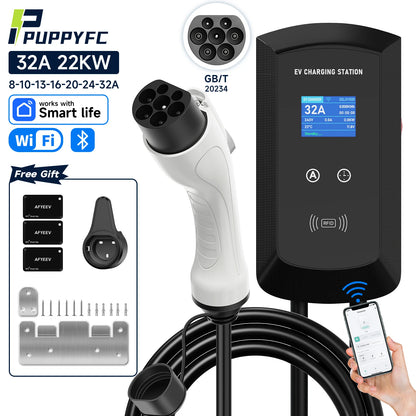 Puppyfc 7.6KW/11KW/22KW 3Phase EV Charging Station GBT 20234 Electric Car Charger EVSE Wallbox WiFi Bluetooth APP Remote Control