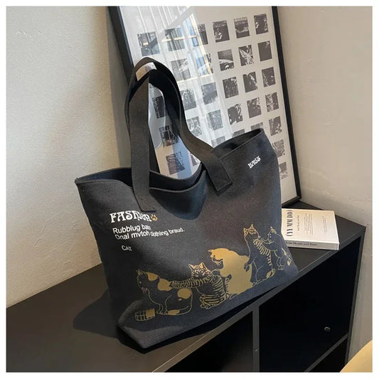 Canvas Totes Large Capacity Storage Handbag Women Tote Anime Cat Letters Shoulder Bags Girls Casual Commute Bag Portable Big Bag