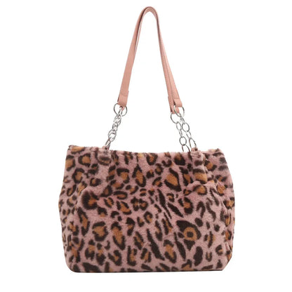 New Leopard Print Fur Bags Women Fashion Portable Faux Fur Handbags Winter Soft Warm Bag Girls Fluffy Large Capacity Tote Purse