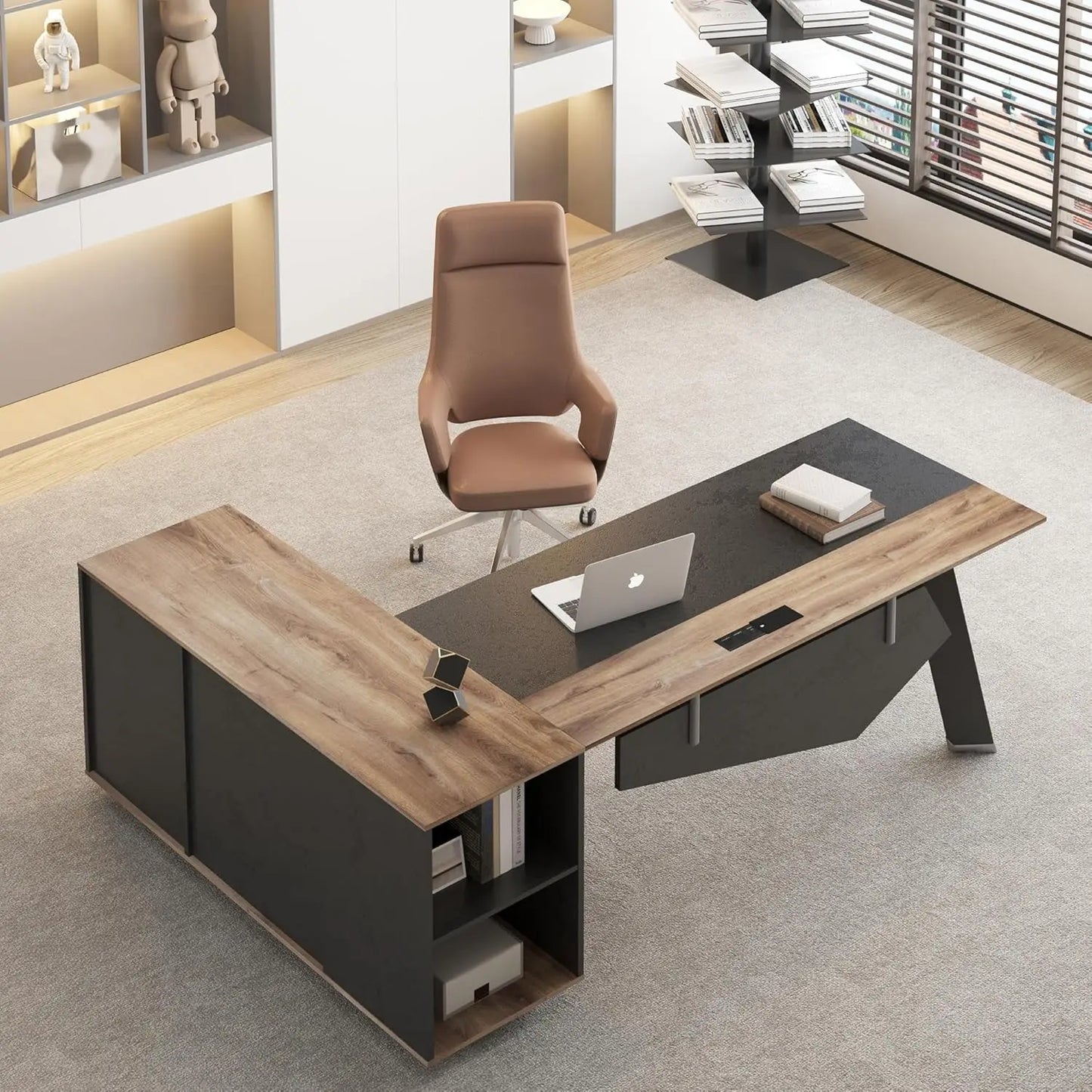 63in L-Shaped Executive Desk with 47" lateral File Cabinet/Storage Shelves Business Writing Table Computer Desk for Home Office
