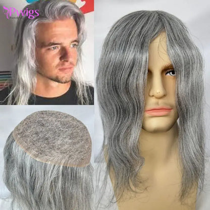 Pwigs 12 Inch Full French Lace Men Toupee 1b80 20% Human Black Hair Mixed with 80% Synthetic Gray European Hair System