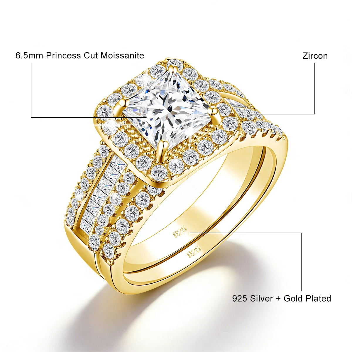 2Pcs 925 Silver Wedding Rings Set for Women Princess Cut White Moissanite Halo Engagement Bridal Ring Vintage Luxury Jewelry