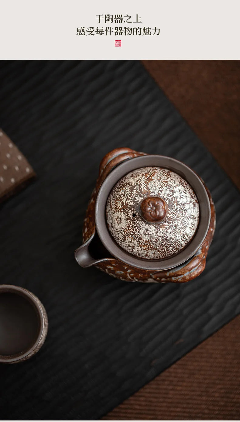 190ml Retro Flower Gilded Silver Hand Grasping Pot Old Rock Mud Treasure Bottle Pot Coarse Pottery Filter Kettle Kung Fu Teaset