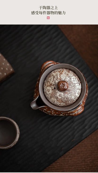 190ml Retro Flower Gilded Silver Hand Grasping Pot Old Rock Mud Treasure Bottle Pot Coarse Pottery Filter Kettle Kung Fu Teaset