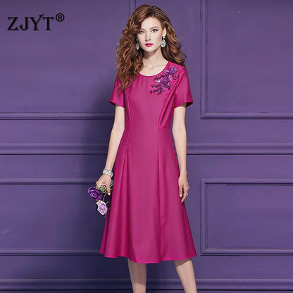 ZJYT Elegant Luxury Diamonds Dress Women 2026 Spring Summer Short Sleeve Midi Special Party Eve Dresses Pink Casual Vestidos