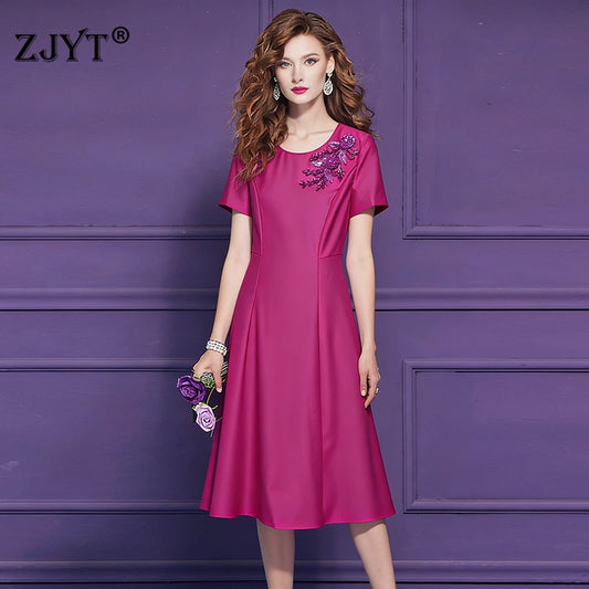 ZJYT Elegant Luxury Diamonds Dress Women 2026 Spring Summer Short Sleeve Midi Special Party Eve Dresses Pink Casual Vestidos