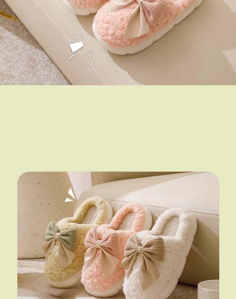 Thick Soled Non Slip Home Plush Slippers 2025 New Cotton Slippers for Women Bow Slippers for Autumn and Winter Warm for Women