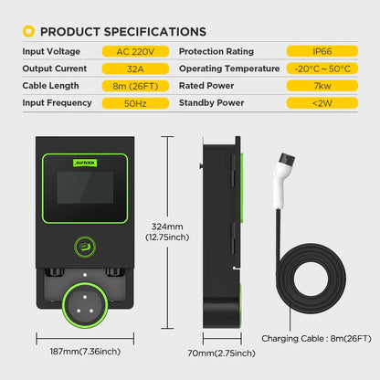 AUTOOL C701 EV Charger Station Wall-mounted Car Charger 7KW 32A Current Adjustable EV Charging Piles