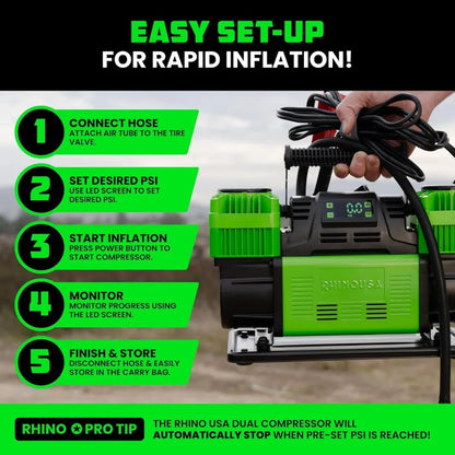 12V Portable Air Compressor for Off-Road Truck Tires Dual Tire Pump 10.6 CFM Auto Shutoff Built-in Pressure Gauge Rubber Mounts