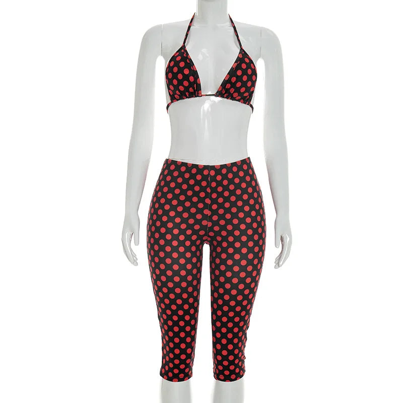 FAGADOER Sexy Woman 3 Piece Set Outfit Polka Dot Print Patchwork Short Sleeve Crop Top and Pants Matching Female Streetwear New