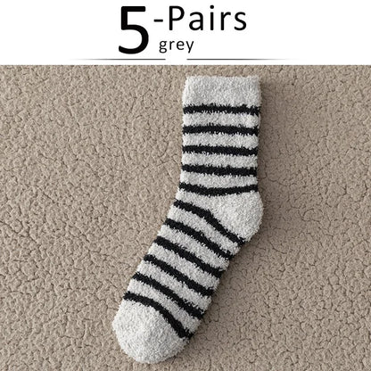 5 Pairs Thick Mens Thermal Socks Winter Warm Striped Coral Fleece Fluffy Solid Color Sleep Male Bed Socks Calcetines Hot Sell