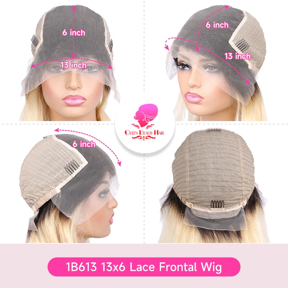 1B 613 Blonde Ombre Human Hair Wigs 13x6 Lace Front Wig Pre Plucked HD Transparent Lace Blond Black Roots Straight 180% Density