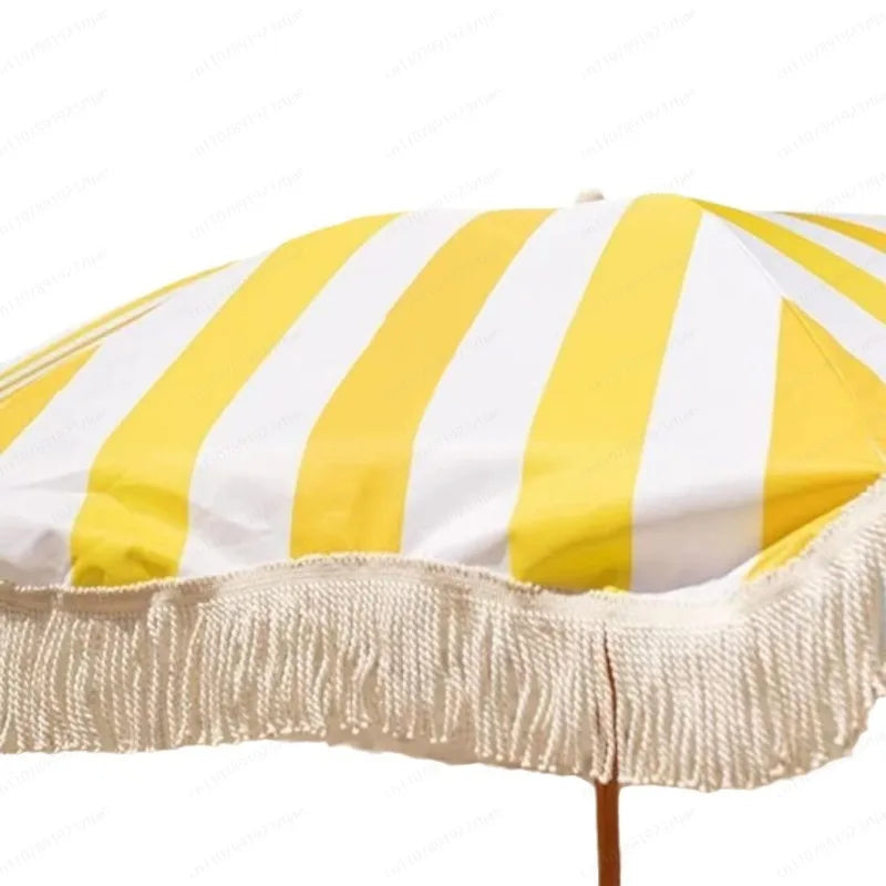 2m yellow striped umbrella with tassels, outdoor shade, beach umbrella, courtyard camping, sun protection