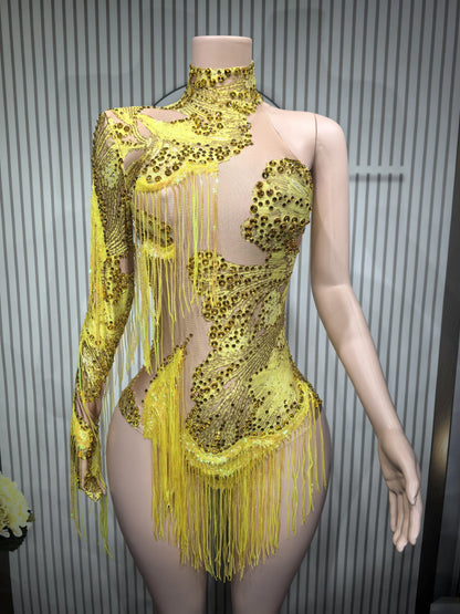 Sexy Skinny Leotard Singer Dancer Show StageWear Sparkly Blue Rhinestones Women DanceCostume Fringes One Shoulder Bodysuit  7G