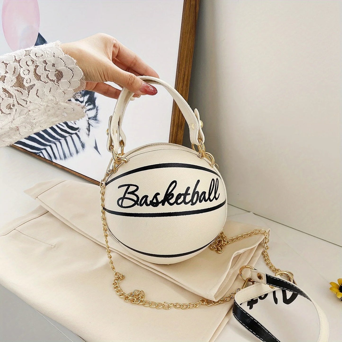 Basketball Shaped Crossbody Bag, Trendy Y2K Chain Shoulder Bag, PU Leather Top Handle Circle Purse Purses and Handbags Hand Bags