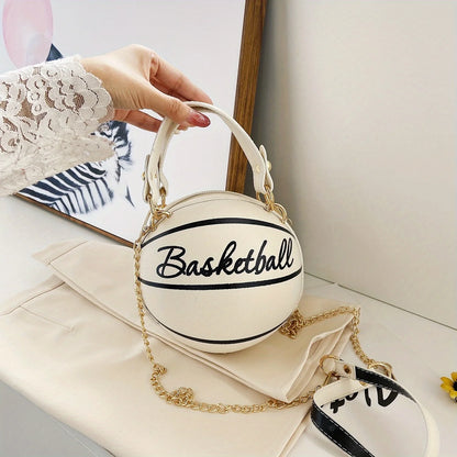 Basketball Shaped Crossbody Bag, Trendy Y2K Chain Shoulder Bag, PU Leather Top Handle Circle Purse Purses and Handbags Hand Bags
