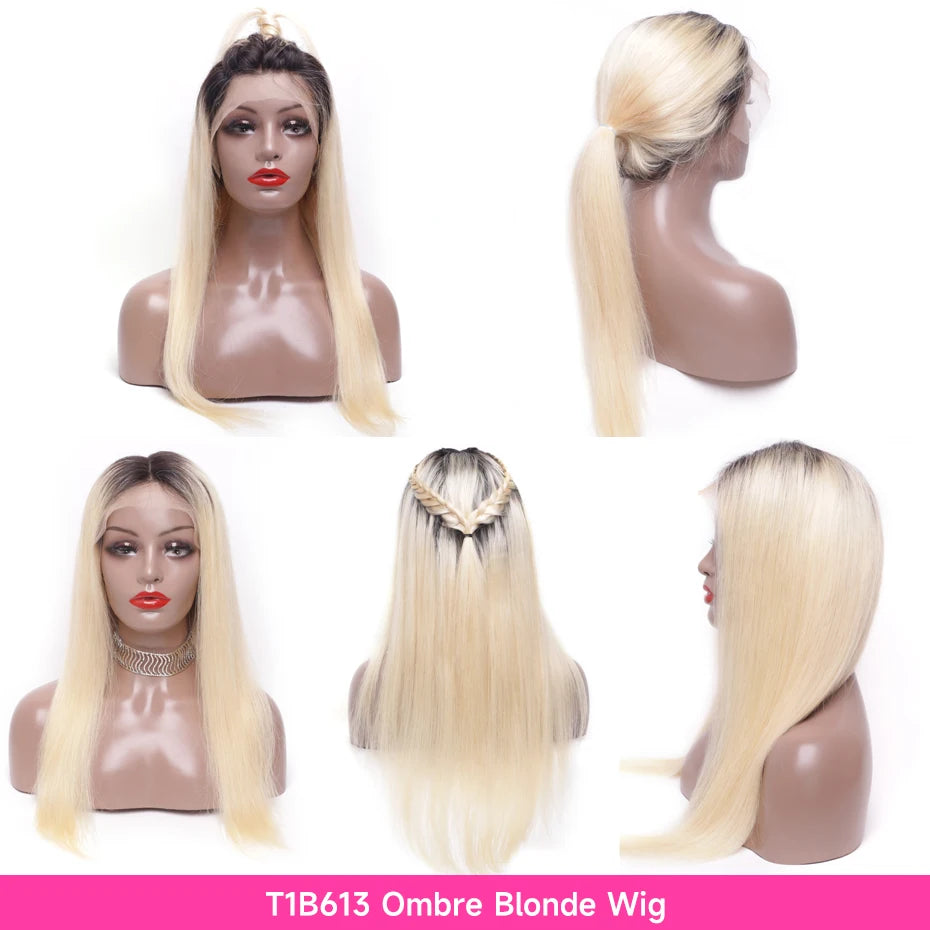 1B 613 Blonde Ombre Human Hair Wigs 13x6 Lace Front Wig Pre Plucked HD Transparent Lace Blond Black Roots Straight 180% Density
