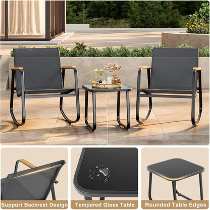 3-Piece Patio Furniture Set, Textilene Outdoor Rocking Bistro Set with Wood Armrests & Coffee Table for Lawn Porch Poolside