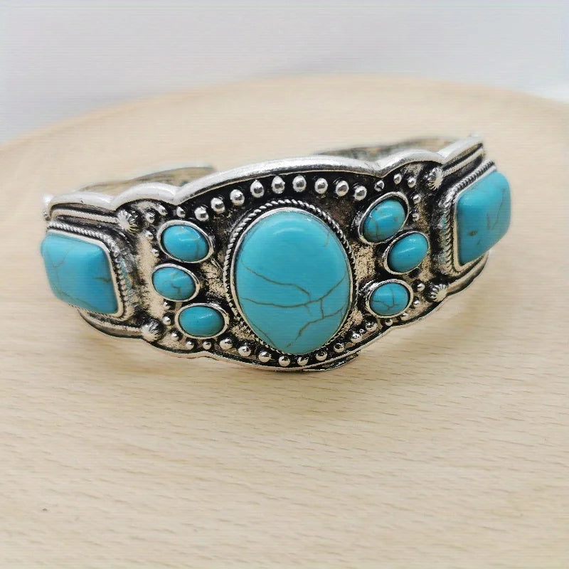 Women's Vintage Bohemian Jewelry Cuff Bracelet with Faux Turquoise Opening Adjustable Bracelet Holiday Party Accessories
