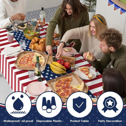 Patriotic American Flag Plastic Tablecloth for 4th of July, 250th Anniversary, Memorial Day, 54"x108", 2 Pack