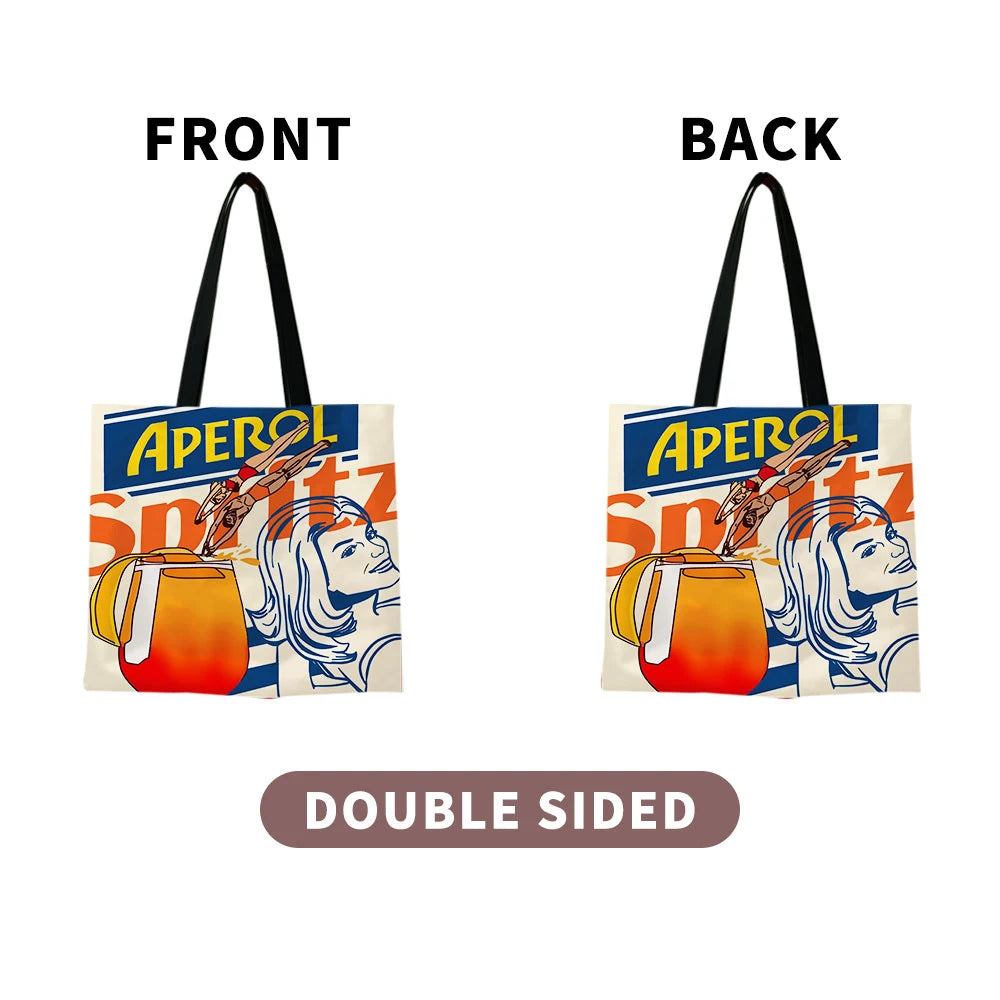 1pc Aperol Spritz Art Print Tote Bag Reusable Fabric Grocery Foldable Shopping Bag