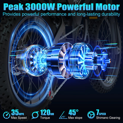 ZorixBike R8Max Adult Ebike 3000W Motor 35 MPH 48V 20Ah Lithium-Ion Battery 40-80 Mile Range Front 19"/ Rear 17"  Off-Road Tires