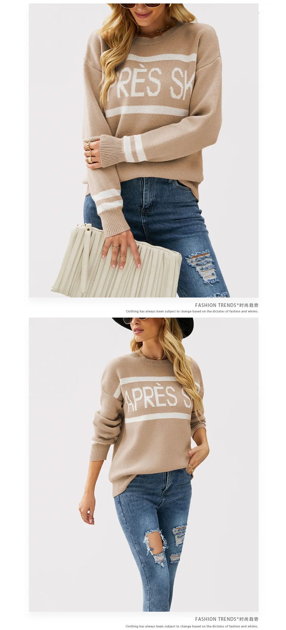 Women's Autumn and Winter New Crew-neck Monogram Jacquard Patchwork Pullover Sweater, Fashion Casual Spell Color Knit Sweater