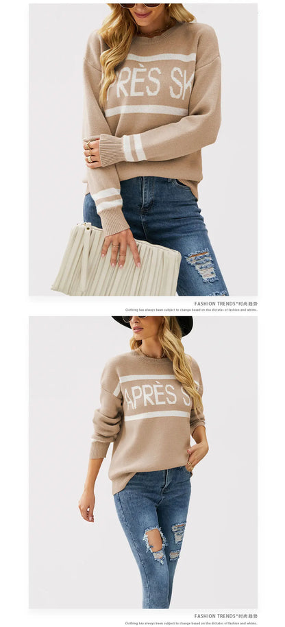 Women's Autumn and Winter New Crew-neck Monogram Jacquard Patchwork Pullover Sweater, Fashion Casual Spell Color Knit Sweater