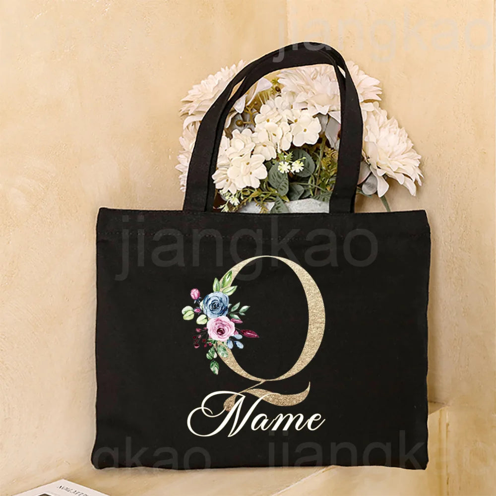 Personalized Initial with Name Tote Bag Women Canvas Shoulder Bags Monogram Shopping Bag Handbags Birthday Wedding Gifts for Her