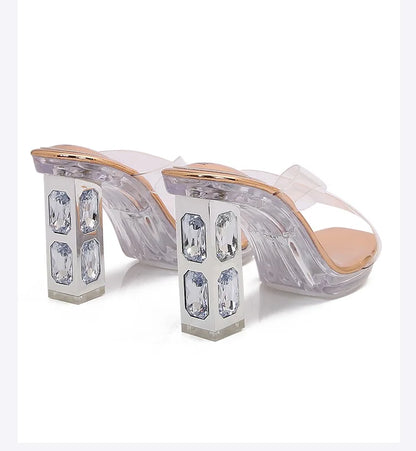 2025 Red High Heels 8cm Women Shoes Rhinestone Thick Heels Square Toe Ladies Pumps Cross Tie Straps Slippers Sandals Party Shoes