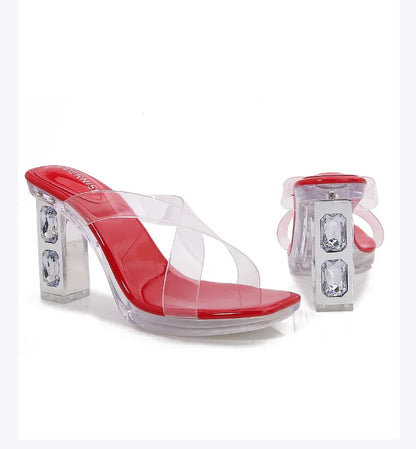 2025 Red High Heels 8cm Women Shoes Rhinestone Thick Heels Square Toe Ladies Pumps Cross Tie Straps Slippers Sandals Party Shoes