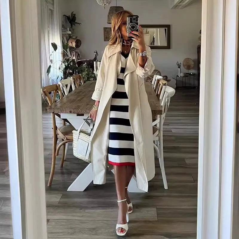 Black White Striped Pullover Dress For Women 2024 Summer New Style Striped V-neck Hem Slit Casual Loose Dress Ladies Vestidos