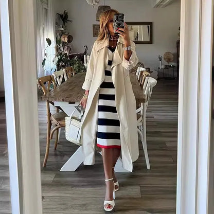 Black White Striped Pullover Dress For Women 2024 Summer New Style Striped V-neck Hem Slit Casual Loose Dress Ladies Vestidos